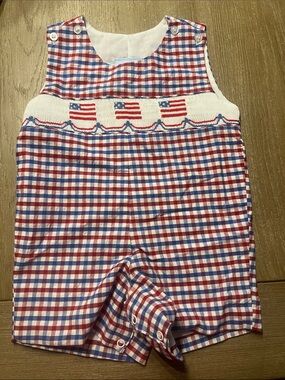 Patriotic Red & Blue Gingham Smocked One-Piece for Kids